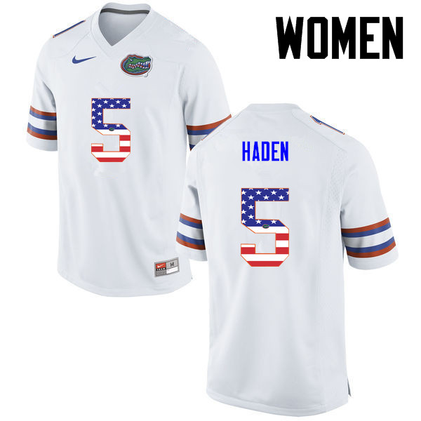 Women Florida Gators #5 Joe Haden College Football USA Flag Fashion Jerseys-White - Click Image to Close